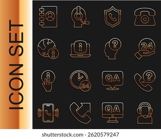 Definir linha Homem com um headset, telefone 24 horas de suporte, informações do laptop, informações, livro de endereços e cabeça ponto de interrogação ícone. Vetor