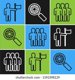 Set line Man holding flag, Users group and Magnifying glass and gear icon. Vector