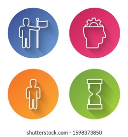 Set line Man holding flag, Human with gear inside, User of man in business suit and Old hourglass with flowing sand. Color circle button. Vector