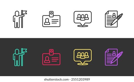 Set line Man holding flag, Identification badge, Project team base and Resume on black and white. Vector