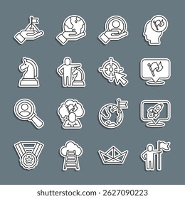 Set line Man holding flag, Rocket ship, Flag, Hand for search people, Chess, Mountains with and Target icon. Vector