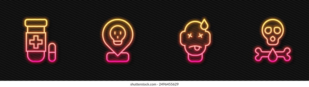 Set line Man poisoning, Antidote, Radioactive location and Bones and skull. Glowing neon icon. Vector