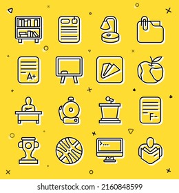 Set line Man reading book, Exam paper with incorrect answers, Apple, Table lamp, Chalkboard, sheet plus grade, Shelf books and Paper airplane icon. Vector