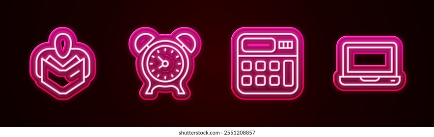 Set line Man reading book, Alarm clock, Calculator and Laptop. Glowing neon icon. Vector