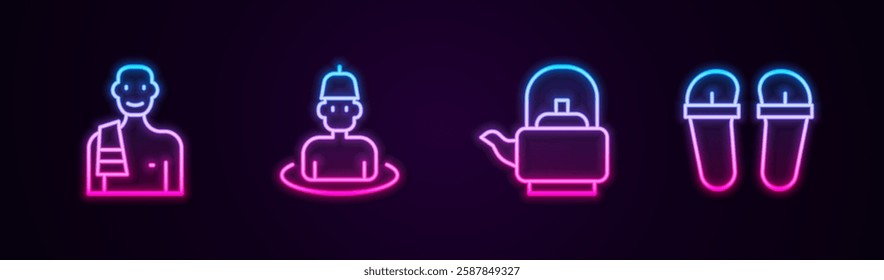 Set line Man in the sauna, , Kettle with handle and Flip flops. Glowing neon icon. Vector