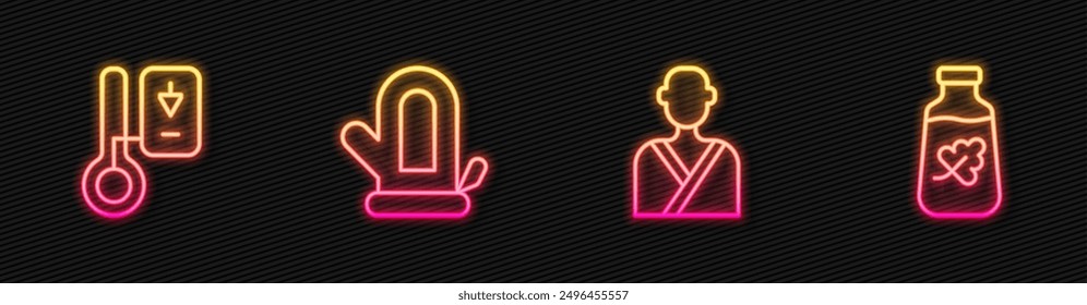 Set line Man in the sauna, Sauna thermometer, mitten and Essential oil bottle. Glowing neon icon. Vector
