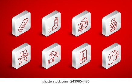 Set line Man smoking a cigarette, Inhaler, Smoking pipe with smoke, Nicotine gum blister pack, No, Lighter, Hypnosis and Heart cross icon. Vector