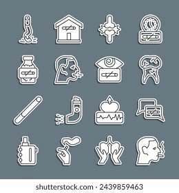 Set line Man smoking a cigarette, No, Tooth with caries, Joint pain, knee pain, coughing, Nicotine gum blister pack, Cigarette butt and Hypnosis icon. Vector
