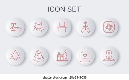 Set line Man with third eye, Star of David, Orthodox jewish hat sidelocks, Tombstone RIP written, First communion symbols, Pastafarianism, Stack hot stones and Burning candles icon. Vector