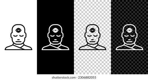 Set line Man with third eye icon isolated on black and white background. The concept of meditation, vision of energy, aura.  Vector Illustration