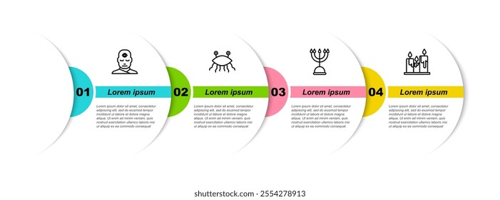 Set line Man with third eye, Pastafarianism, Hanukkah menorah and Burning candles. Business infographic template. Vector