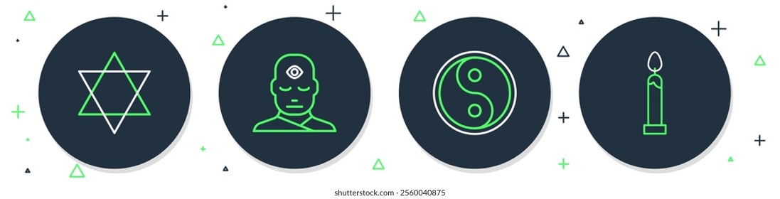 Set line Man with third eye, Yin Yang, Star of David and Burning candle icon. Vector