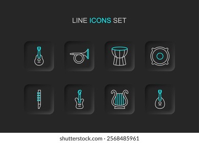 Set line Mandolin, Ancient Greek lyre, Electric bass guitar, Flute, Stereo speaker, African darbuka drum, Trumpet and Guitar icon. Vector