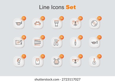 Set Line Mandoline, Bongo Drum, Alte griechische Lyre, Conga Drums, Gitarrenhals, Trompete, Audiobuchse und Metronom mit Pendelsymbol. Vektorgrafik