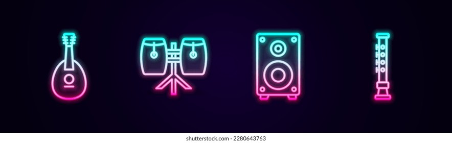 Set line Mandolin, Conga drums, Stereo speaker and Flute. Glowing neon icon. Vector