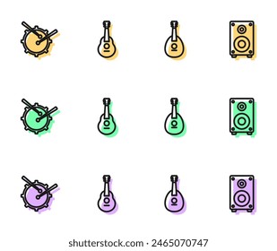 Set line Mandolin, Drum with drum sticks, Guitar and Stereo speaker icon. Vector