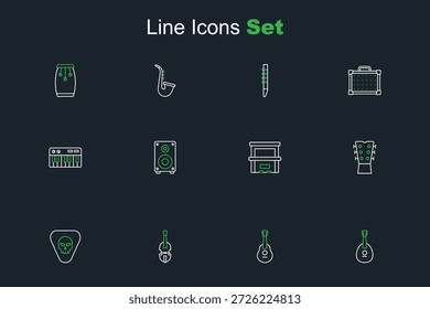 Línea de conjunto de mandolina, guitarra, violín, pico, cuello, piano, altavoz estéreo e icono de sintetizador de música. Vector
