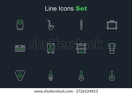 Set line Mandolin, Guitar, Violin, pick, neck, Piano, Stereo speaker and Music synthesizer icon. Vector