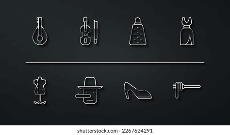 Set line Mandolin, Mannequin, Woman dress, shoe, Pinocchio, Violin, Pasta spaghetti and Grater icon. Vector