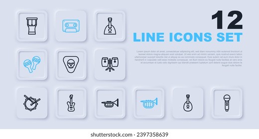 Set line Mandolin, Microphone, Guitar pick, Trumpet, Maracas, Electric bass guitar, Retro audio cassette tape and  icon. Vector