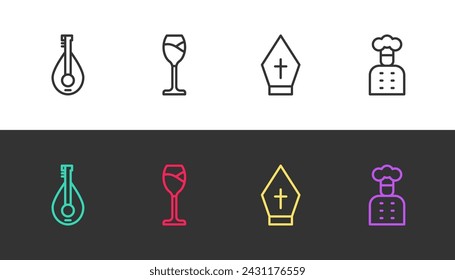 Set line Mandolin, Wine glass, Pope hat and Italian cook on black and white. Vector