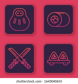Set line Maneki neko cat, Traditional Japanese katana, Sushi and Sushi on cutting board. Blue square button. Vector