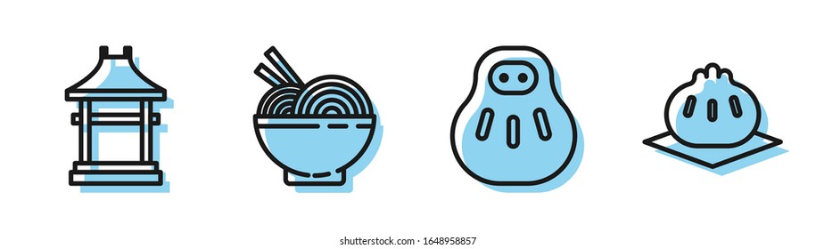 Set line Maneki neko cat, Japan Gate, Asian noodles in bowl and chopsticks and Khinkali on cutting board icon. Vector