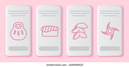 Set line Maneki neko cat, Sushi, Chinese fortune cookie and Japanese ninja shuriken. White rectangle button. Vector