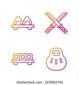 Set Linie Maneki neko Katze, Sushi auf Schneidebrett, Sushi auf Schneidebrett und traditionelle japanische Katana. Farbsymbole. Vektorillustration