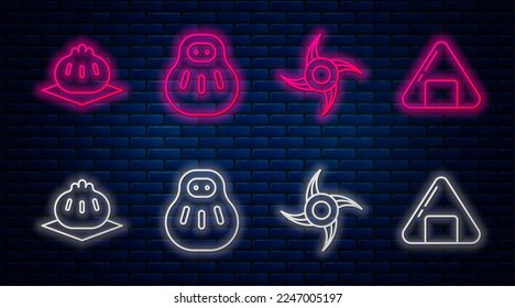 Set line Maneki neko cat, Japanese ninja shuriken, Khinkali on cutting board and Sushi. Glowing neon icon on brick wall. Vector