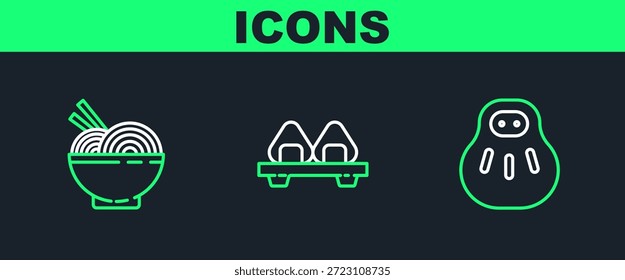 Set line Maneki neko cat, fideos asiáticos en tazón y palillos y Sushi en icono de tabla de cortar. Vector