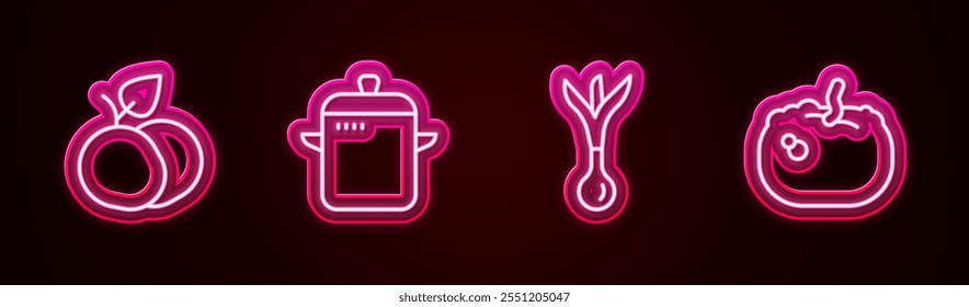 Set line Mango fruit, Cooking pot, Onion and Pumpkin. Glowing neon icon. Vector