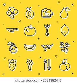 Set line Mango fruit, Ginger root, Lemon, Cutting board with vegetables, Pumpkin, Knife, Broccoli and Onion icon. Vector