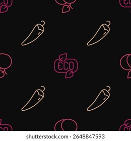 Set line Mango fruit, Hot chili pepper and Leaf Eco symbol on seamless pattern. Vector