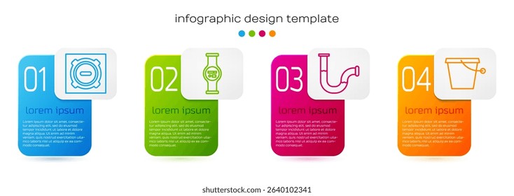 Set line Manhole sewer cover, Water meter, Industry metallic pipe and Bucket. Business infographic template. Vector