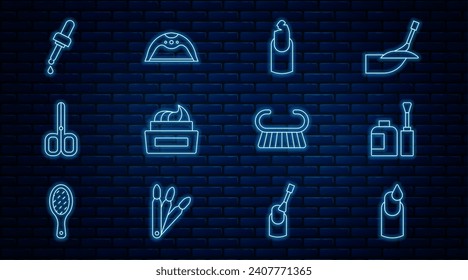 Set line Manicure, Bottle of nail polish, Broken, Nail scissors, Pipette with oil, Pedicure brush grater and lamp icon. Vector