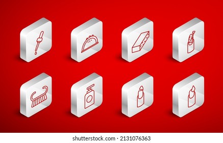 Set line Manicure, lamp, Nail file, manicure, Broken nail, Pipette with oil, Tube of hand cream and Pedicure brush or grater icon. Vector