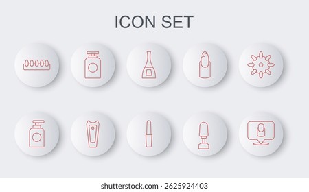 Set line Manicure, Tube of hand cream, Bottle nail polish, Milling cutter for manicure, False nails, Nail and file icon. Vector