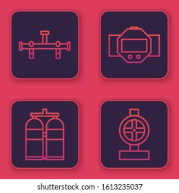 Set line Manifold, Aqualung, Diving watch and Industry metallic pipes and valve. Blue square button. Vector