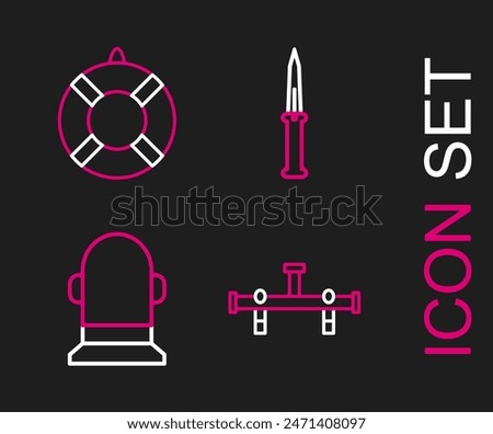 Set line Manifold, Buoy, Army knife and Lifebuoy icon. Vector