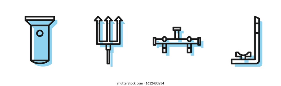 Set line Manifold, Flashlight, Neptune Trident and Snorkel icon. Vector