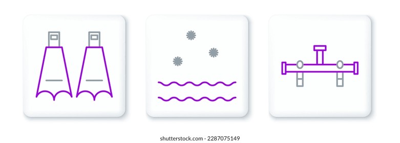 Set line Manifold, Rubber flippers for swimming and Cold and waves icon. Vector