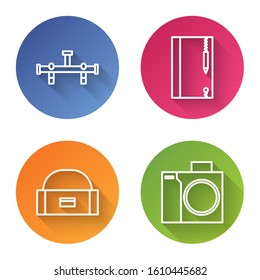 Set line Manifold, Underwater note book and pencil, Case or box container for wobbler and Photo camera for diver. Color circle button. Vector