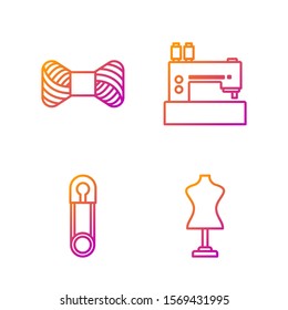 Set line Mannequin, Classic closed steel safety pin, Sewing thread on spool and Sewing machine. Gradient color icons. Vector