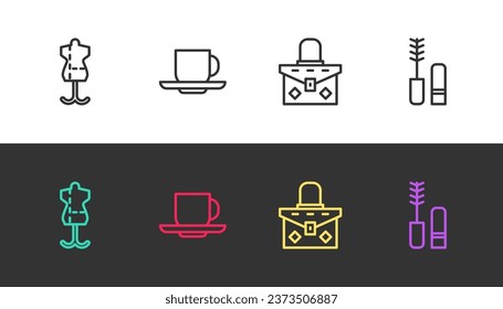 Set line Mannequin, Coffee cup, Handbag and Mascara brush on black and white. Vector