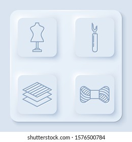 Set line Mannequin, Cutter tool, Textile fabric roll and Sewing thread on spool. White square button. Vector