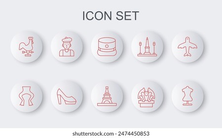 Set line Mannequin, Frog legs, Kepi, Gargoyle on pedestal, Rooster weather vane, French man, Woman shoe and Eiffel tower icon. Vector