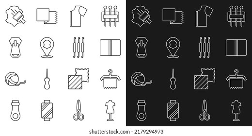 Set line Mannequin, Hanger wardrobe, Textile fabric roll, Sewing pattern, Leather, Zipper,  and Crochet hook icon. Vector