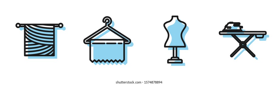 Set line Mannequin, Knitting, Hanger wardrobe and Electric iron and ironing board icon. Vector