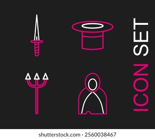 Set line Mantle, cloak, cape, Neptune Trident, Magician hat and Dagger icon. Vector